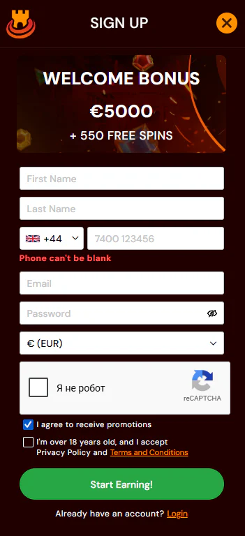 SpinCastle account registration and player login