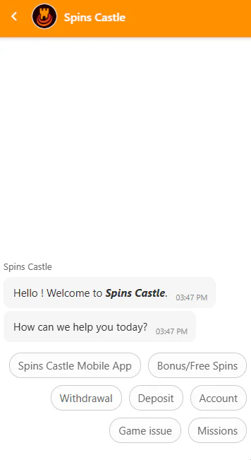 SpinCastle customer support and player assistance